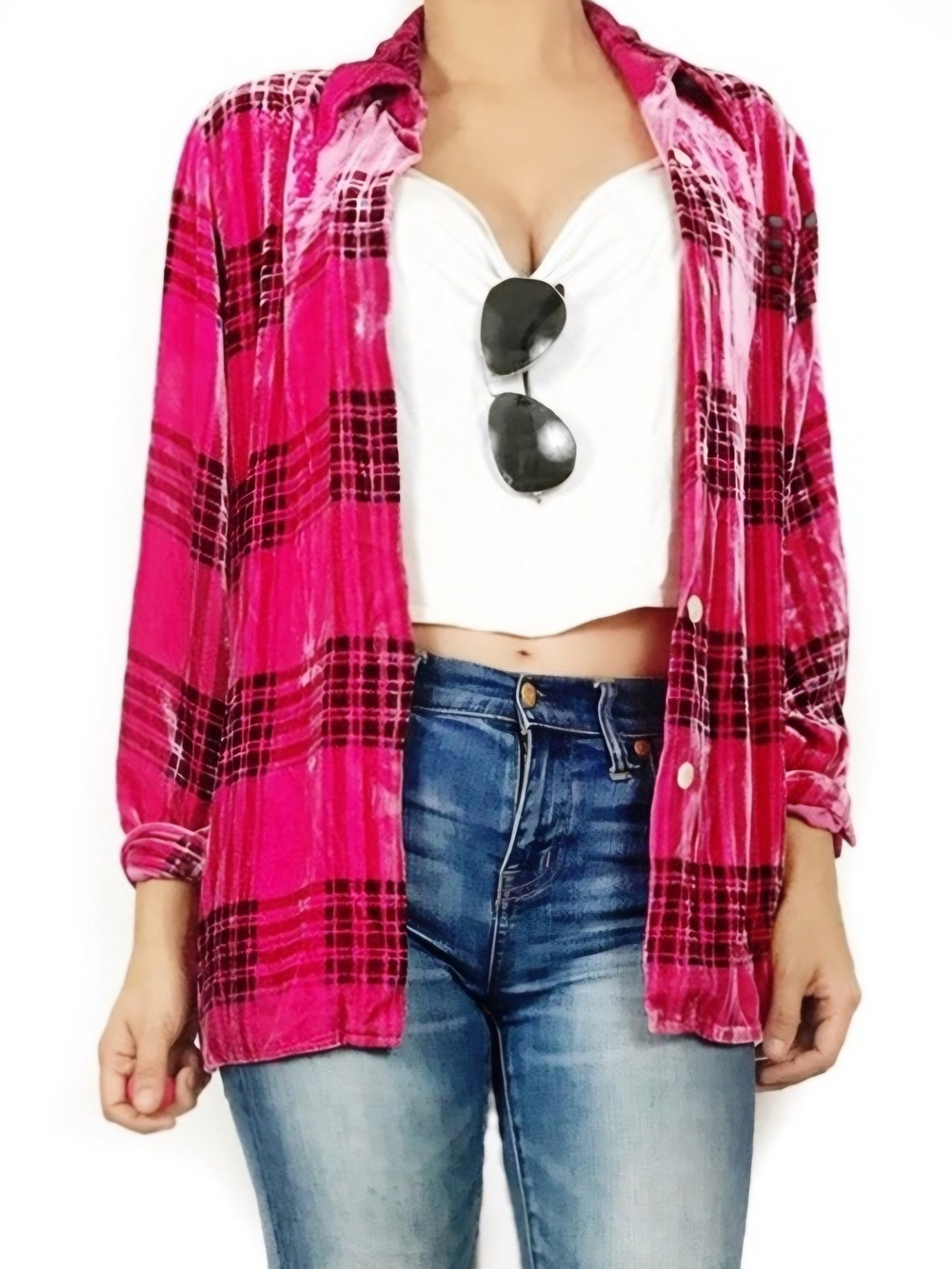Soft Surroundings Hot Pink Black Comfy Festive Plaid Velvet Button-Down Shirt